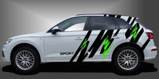 Die Dekorstreifen sind wilde Seitenaufkleber für SUVs, die dem Fahrzeug eine sportliche und moderne Intensität im Design verleihen. Das Set besteht aus modularen Einzelelementen im Baukastenprinzip. Geeignet für glatte, lackierte Fahrzeugoberflächen. Material: Hochwertige Plotterfolie (Mactac), UV-beständig, waschstraßenfest, rückstandslos entfernbar, Haltbarkeit über 10 Jahre.