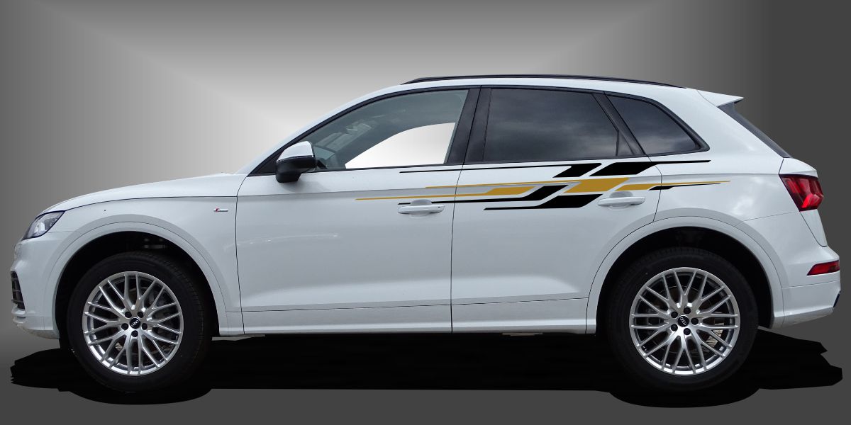 Die Seitenstreifen SUV sind ein energiegeladenes Dekor für SUVs, das dem Fahrzeug ein sportliches und modernes Auto-Tuning im Design verleiht. Das Set besteht aus modularen Einzelelementen im Baukastenprinzip. Geeignet für glatte, lackierte Fahrzeugoberflächen. Material: Hochwertige Plotterfolie (Mactac), UV-beständig, waschstraßenfest, rückstandslos entfernbar, Haltbarkeit über 10 Jahre.