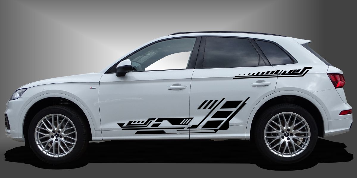 Der Car Styling Aufkleber ist ein ausgefallener Autoaufkleber für SUVs, der dem Fahrzeug eine sportliche und moderne Intensität im Design verleiht. Das Set besteht aus modularen Einzelelementen im Baukastenprinzip. Geeignet für glatte, lackierte Fahrzeugoberflächen. Material: Hochwertige Plotterfolie (Mactac), UV-beständig, waschstraßenfest, rückstandslos entfernbar, Haltbarkeit über 10 Jahre.