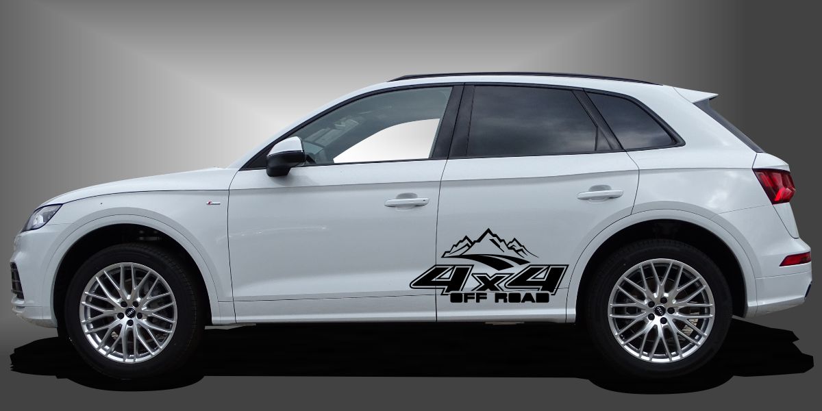 Der Autoaufkleber 4x4 ist ein dynamischer Car-Sticker für SUVs, der dem Fahrzeug ein sportliches und modernes Styling im Design verleiht. Das Set besteht aus modularen Einzelelementen im Baukastenprinzip. Geeignet für glatte, lackierte Fahrzeugoberflächen. Material: Hochwertige Plotterfolie (Mactac), UV-beständig, waschstraßenfest, rückstandslos entfernbar, Haltbarkeit über 10 Jahre. Größe der Aufkleber 850x400 mm. Preis 74,90 EUR für beide Fahrzeugseiten.