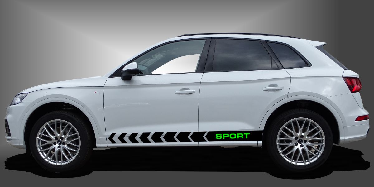 Der Car Sticker Aufkleber ist ein überzeugender Style für SUVs, der dem Fahrzeug eine sportliche und moderne Erscheinung im Design verleiht. Das Set besteht aus modularen Einzelelementen im Baukastenprinzip. Geeignet für glatte, lackierte Fahrzeugoberflächen. Material: Hochwertige Plotterfolie (Mactac), UV-beständig, waschstraßenfest, rückstandslos entfernbar, Haltbarkeit über 10 Jahre.