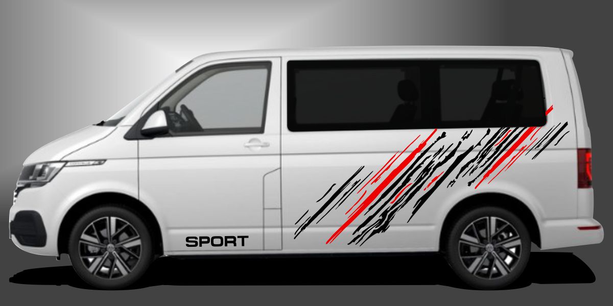 Die T6 Bus Carstickers sind eine hammermäßige Design-Folie für Kleinbusse, die dem Fahrzeug eine sportliche und moderne Inszenierung im Design verleihen. Das Set besteht aus modularen Einzelelementen im Baukastenprinzip. Geeignet für glatte, lackierte Fahrzeugoberflächen. Material: Hochwertige Plotterfolie (Mactac), UV-beständig, waschstraßenfest, rückstandslos entfernbar, Haltbarkeit über 10 Jahre.