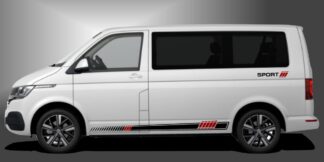 Die T6 Bus Stickers sind dynamische Seitenstreifen für Kleinbusse, die dem Fahrzeug einen sportlichen und modernen Auftritt im Design verleihen. Das Set besteht aus modularen Einzelelementen im Baukastenprinzip. Geeignet für glatte, lackierte Fahrzeugoberflächen. Material: Hochwertige Plotterfolie (Mactac), UV-beständig, waschstraßenfest, rückstandslos entfernbar, Haltbarkeit über 10 Jahre.