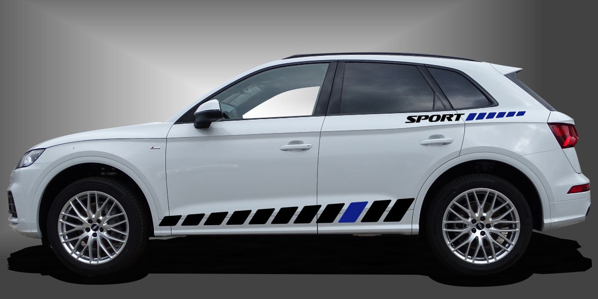 Die Tuningstreifen Auto sind beeindruckende Car-Sticker für SUVs, die dem Fahrzeug eine sportliche und moderne Dimension im Design verleihen. Das Set besteht aus modularen Einzelelementen im Baukastenprinzip. Geeignet für glatte, lackierte Fahrzeugoberflächen. Material: Hochwertige Plotterfolie (Mactac), UV-beständig, waschstraßenfest, rückstandslos entfernbar, Haltbarkeit über 10 Jahre.