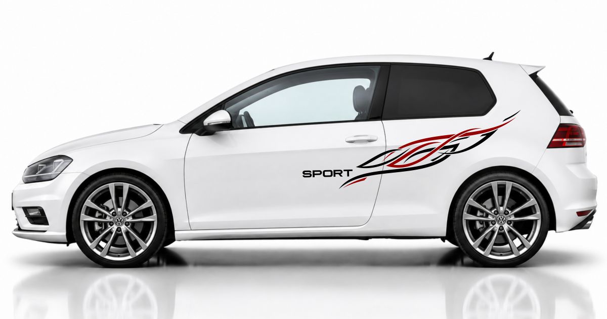 Aufklebe Tattoos in Schwarz und Dunkelrot auf einem weißen VW Golf 7