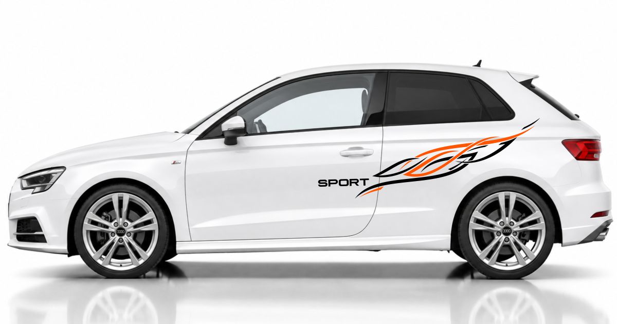 Aufklebe Tattoos in Schwarz und Orange auf einem weißen Audi A3 Sportback