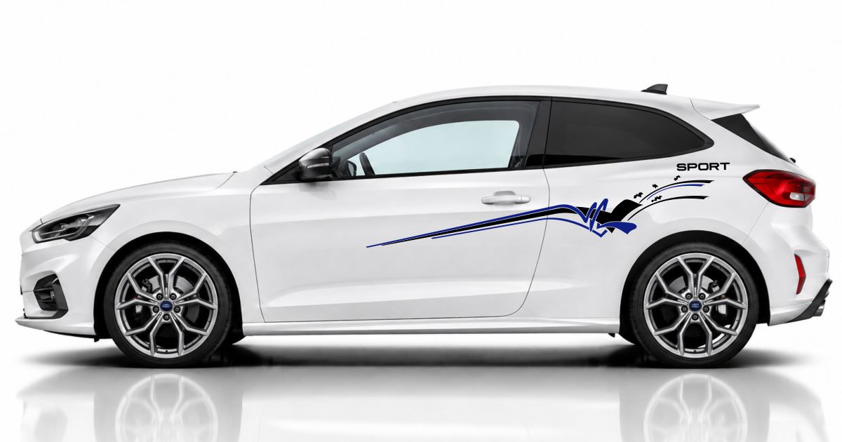 Aufkleber Auto in Schwarz und Blau auf einem weißen Ford Focus