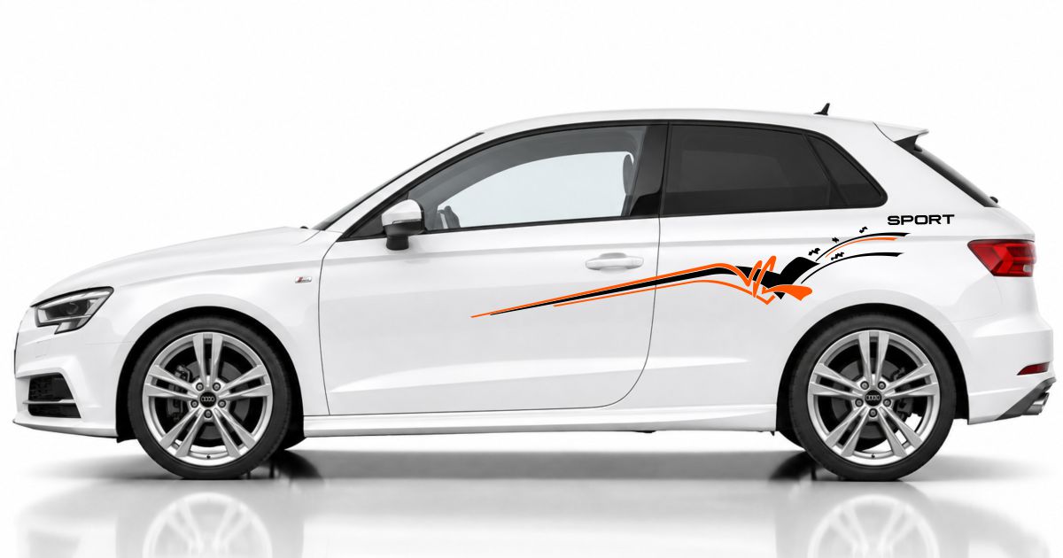 Aufkleber Auto in Schwarz und Orange auf einem weißen Audi A3 Sportback