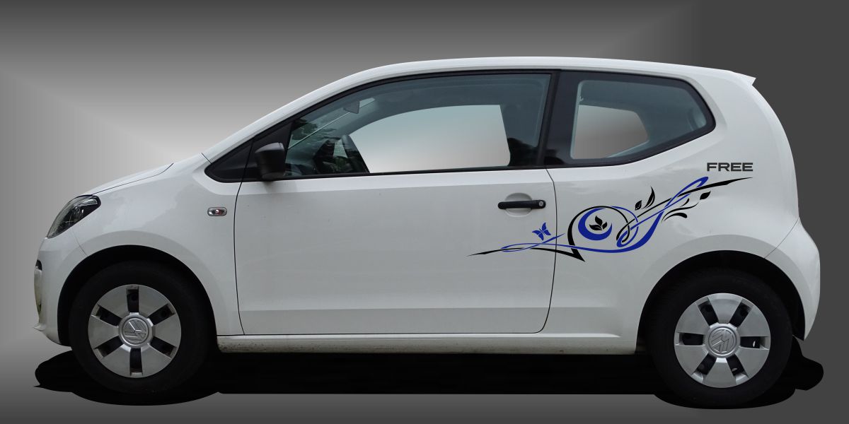 Aufkleber Blumen in Schwarz und Blau auf weißem VW UP
