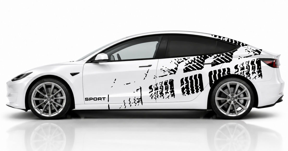 Aufkleber Design in Schwarz auf einem weißen Tesla Model 3