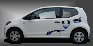 Aufkleber Hund als sportlicher und charmanter Auto-Aufkleber in Schwarz und Blau auf weißem VW UP