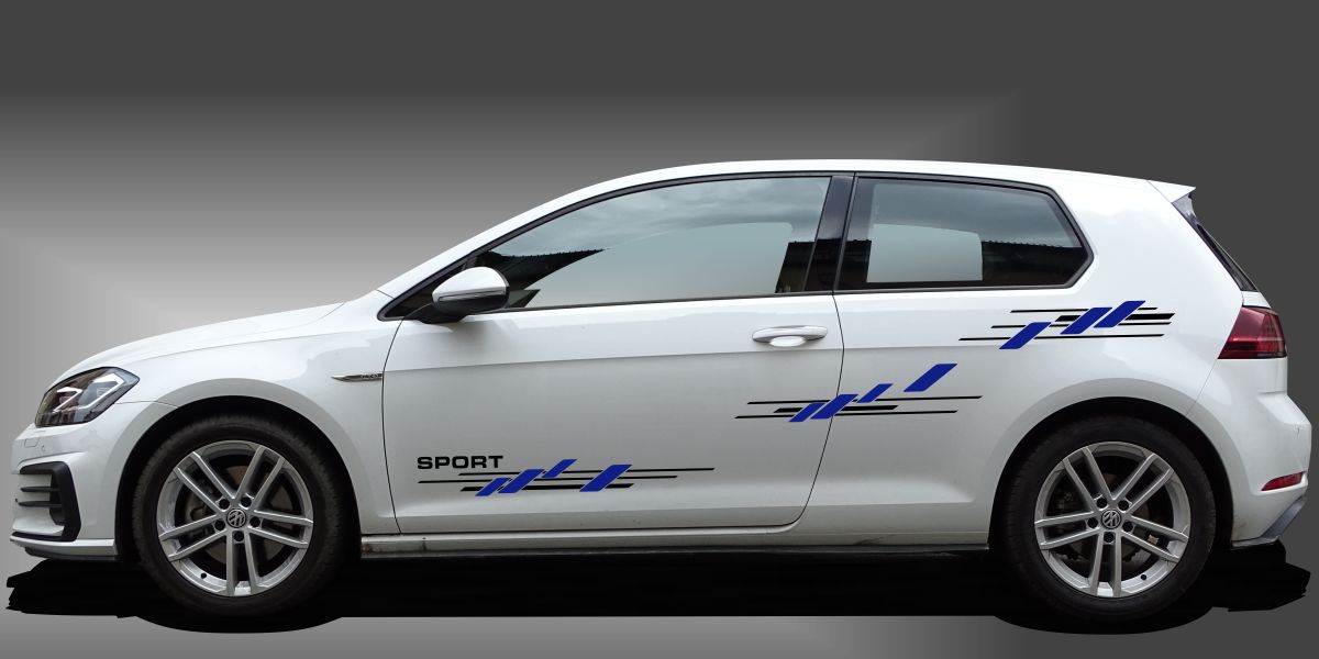 Aufkleber Seite Auto in Schwarz und Blau auf weißem VW Golf 7