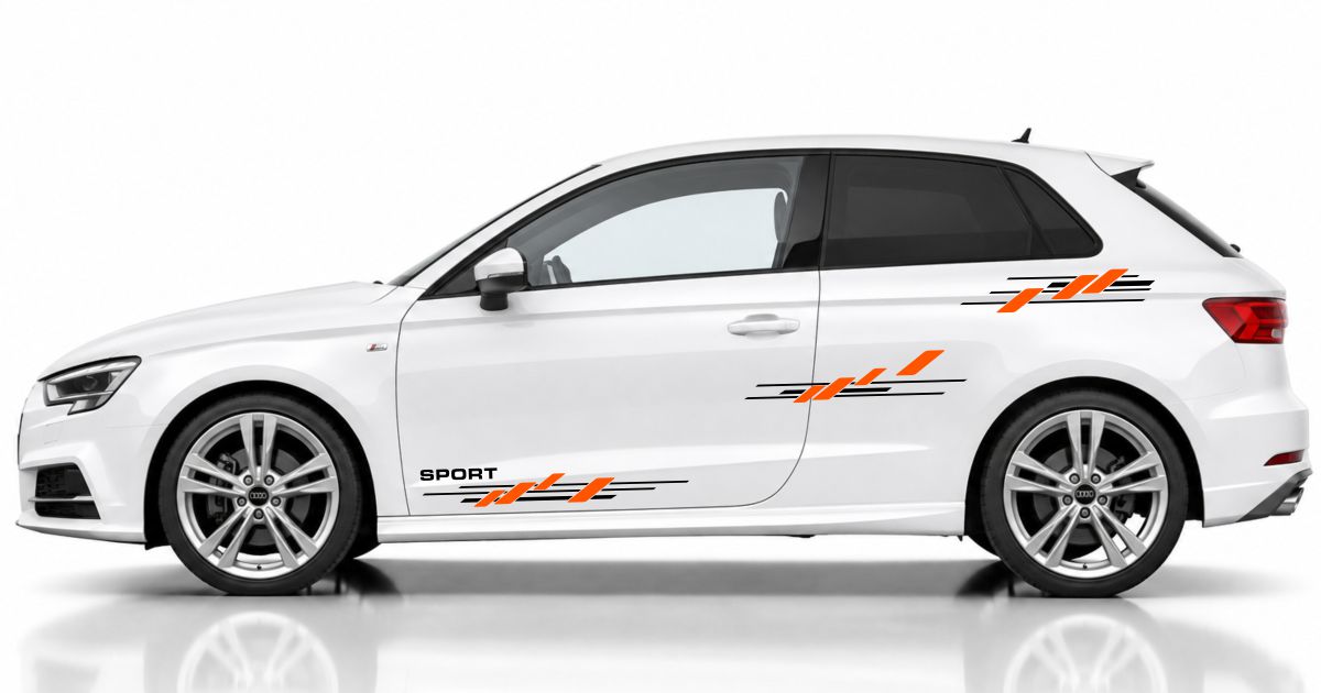 Aufkleber Seite Auto in Schwarz und Orange auf einem weißen Audi A3 Sportback