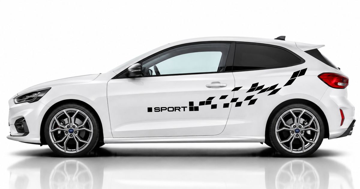 Aufkleber Seiten in Schwarz auf einem weißen Ford Focus