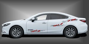 Aufkleber Seitenstreifen in Schwarz und Dunkelrot auf weißem Mazda 6