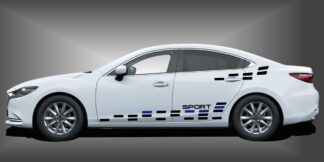 Aufkleber Set als sportlicher und großartiger Racing-Streifen in Schwarz und Blau auf weißem Mazda 6