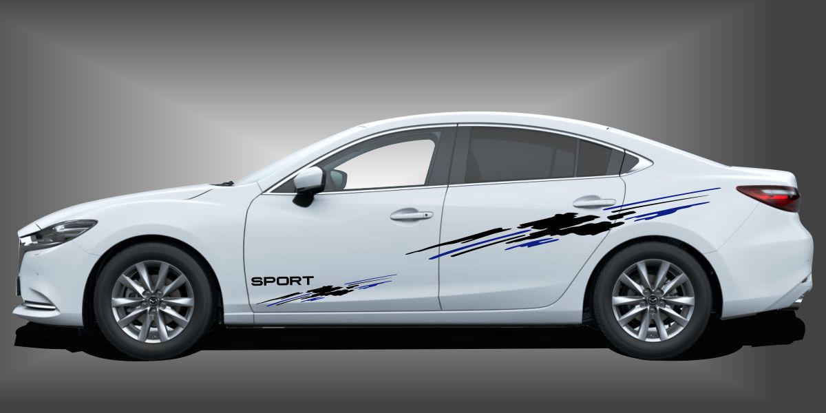 Auto Decals in Schwarz und Blau auf weißem Mazda 6