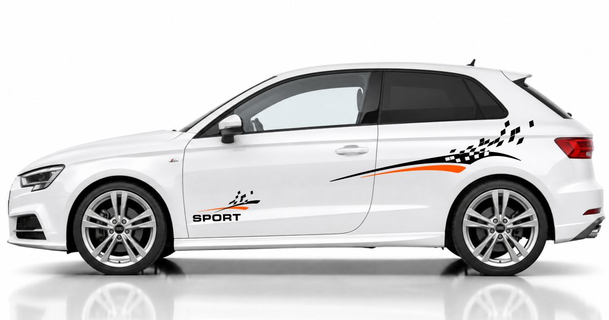 Auto Dekor Aufkleber in Schwarz und Orange auf einem weißen Audi A3 Sportback