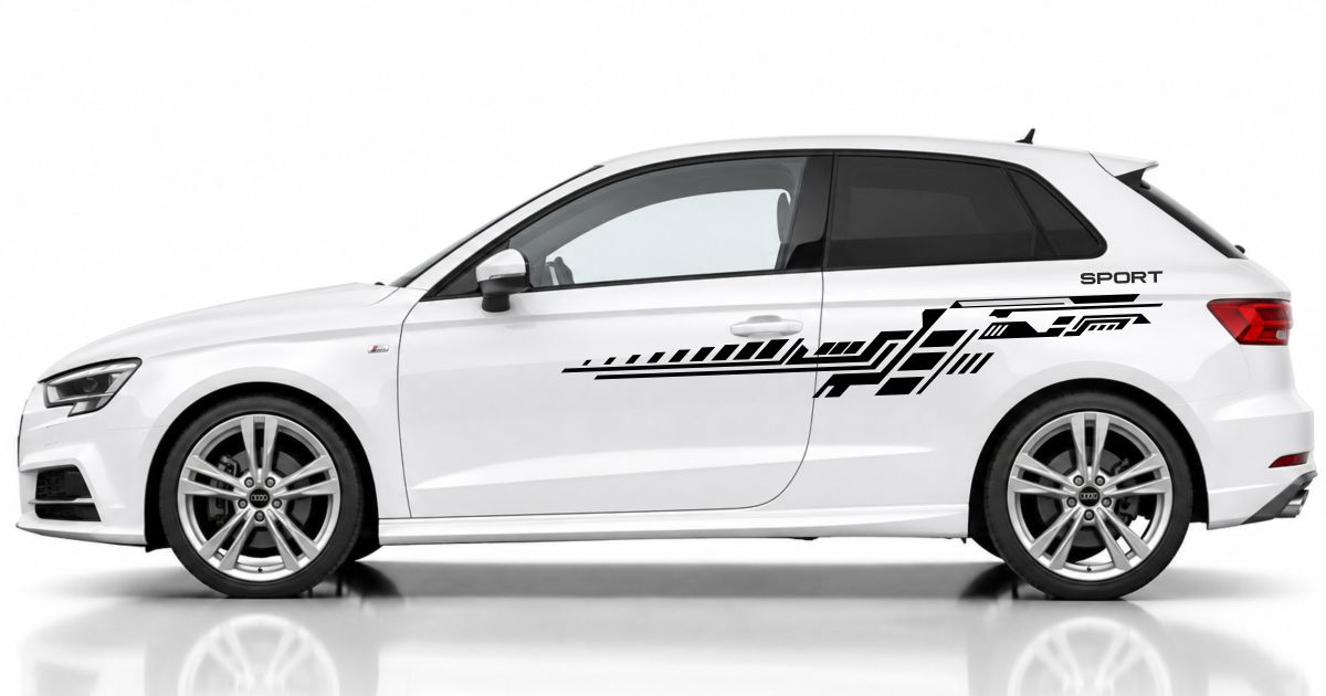 Auto Dekor in Schwarz auf einem weißen Audi A3 Sportback