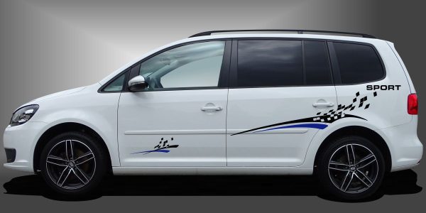 Auto Dekorstreifen in Schwarz und Blau auf weißem VW Touran
