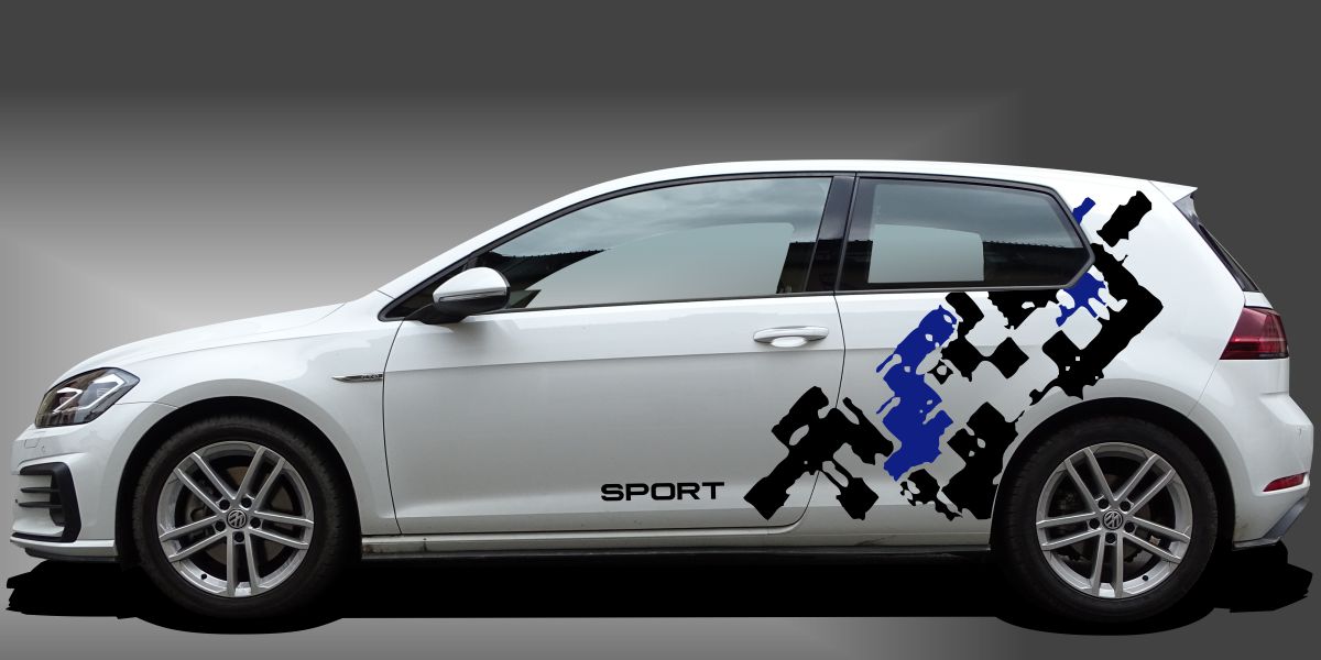 Auto Klebetattoo in Schwarz und Blau auf weißem VW Golf 7