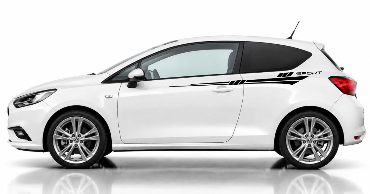 Auto Seiten Aufkleber in Schwarz und Dunkelrot auf einem weißen Opel Corsa