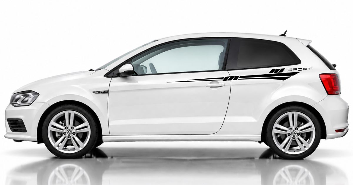 Auto Seiten Aufkleber in Schwarz auf einem weißen VW Polo