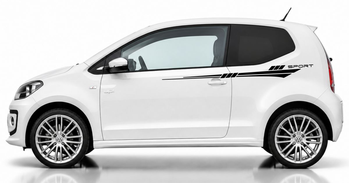 Auto Seiten Aufkleber in Schwarz auf einem weißen VW UP