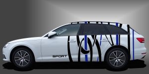 Auto Seitenaufkleber als sportlicher und cooler Rallyestreifen in Schwarz und Blau auf weißem Audi A4 Avant