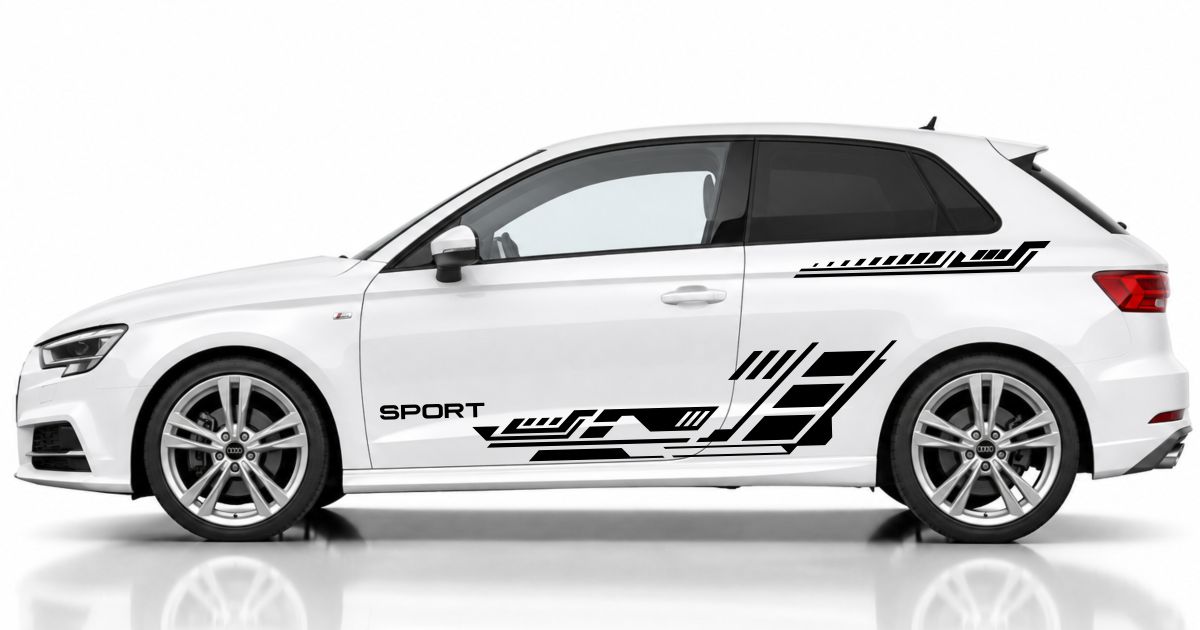 Auto Seitendekor in Schwarz auf einem weißen Audi A3 Sportback