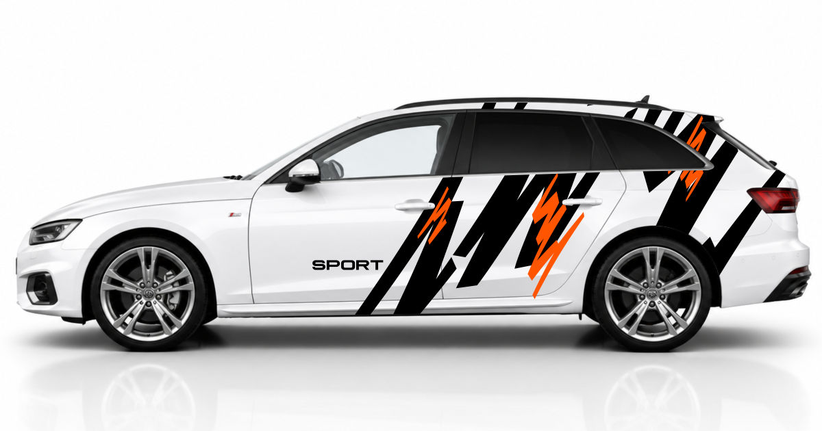 Auto Sticker Tuning in Schwarz und Orange auf einem weißen Audi A4 Avant