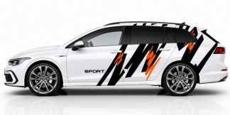 Auto Sticker Tuning in Schwarz und Orange auf einem weißen Golf 8 Variant