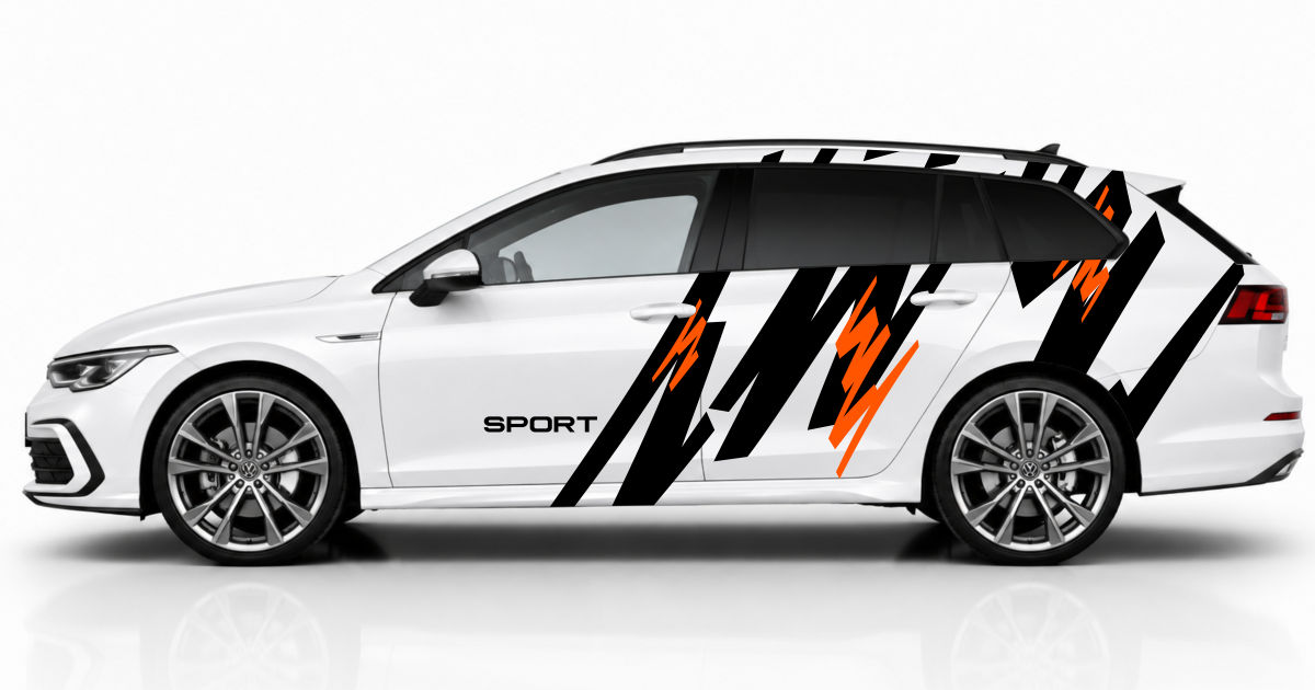 Auto Sticker Tuning in Schwarz und Orange auf einem weißen Golf 8 Variant