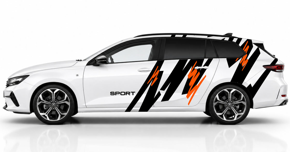 Auto Sticker Tuning in Schwarz und Orange auf einem weißen Opel Astra SportsTourer