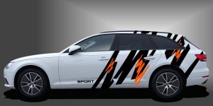Auto Sticker Tuning als sportlicher und cooler Rallyestreifen in Schwarz und Orange auf weißem Audi A4 Avant