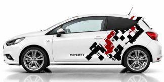 Auto Stickerset in Schwarz und Dunkelrot auf einem weißen Opel Corsa