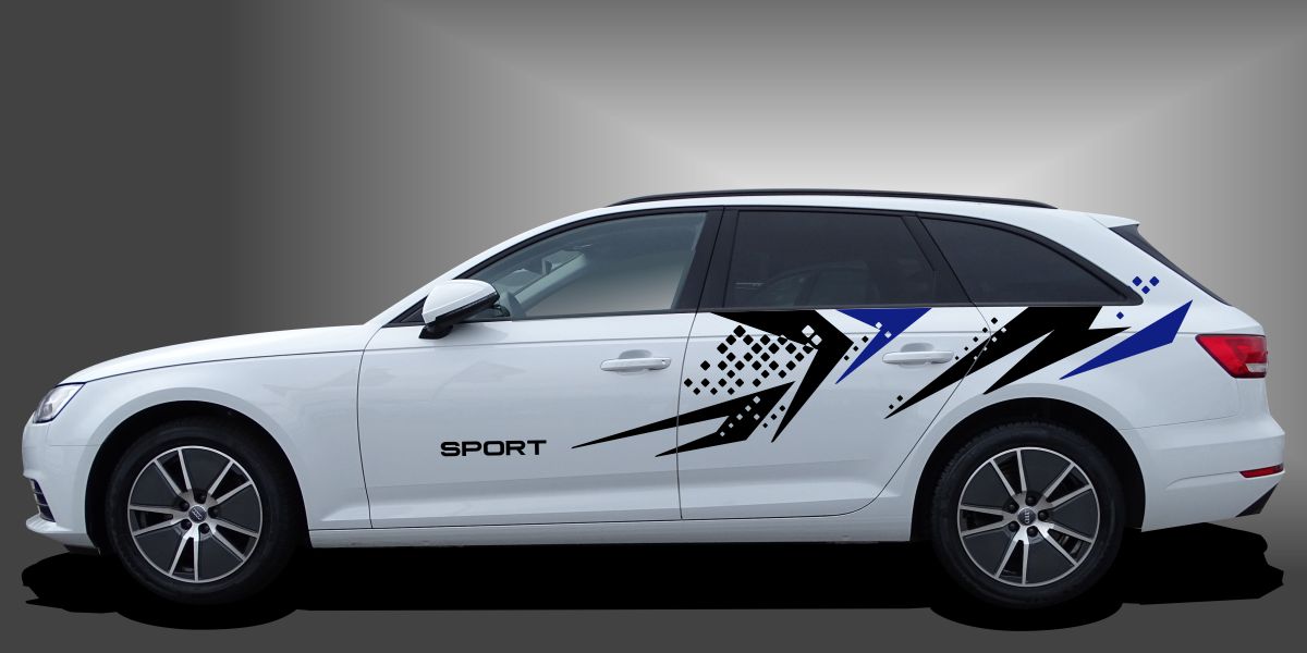 Auto Streifen Car Sticker in Schwarz und Blau auf weißem Audi A4 Avant