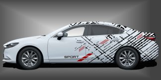 Auto Streifen als sportlicher und ausgefallener Zierstreifen in Schwarz und Dunkelrot auf weißem Mazda 6