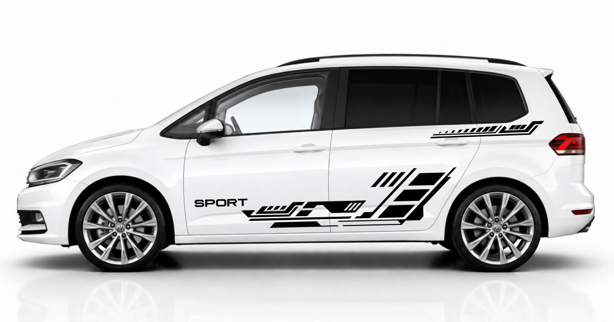Auto Tattoo in Schwarz auf einem weißen VW Touran