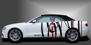 Auto Tattoo Seite als sportliche und charismatische Dekorfolie in Schwarz und Dunkelrot auf weißem Audi A3 Cabrio
