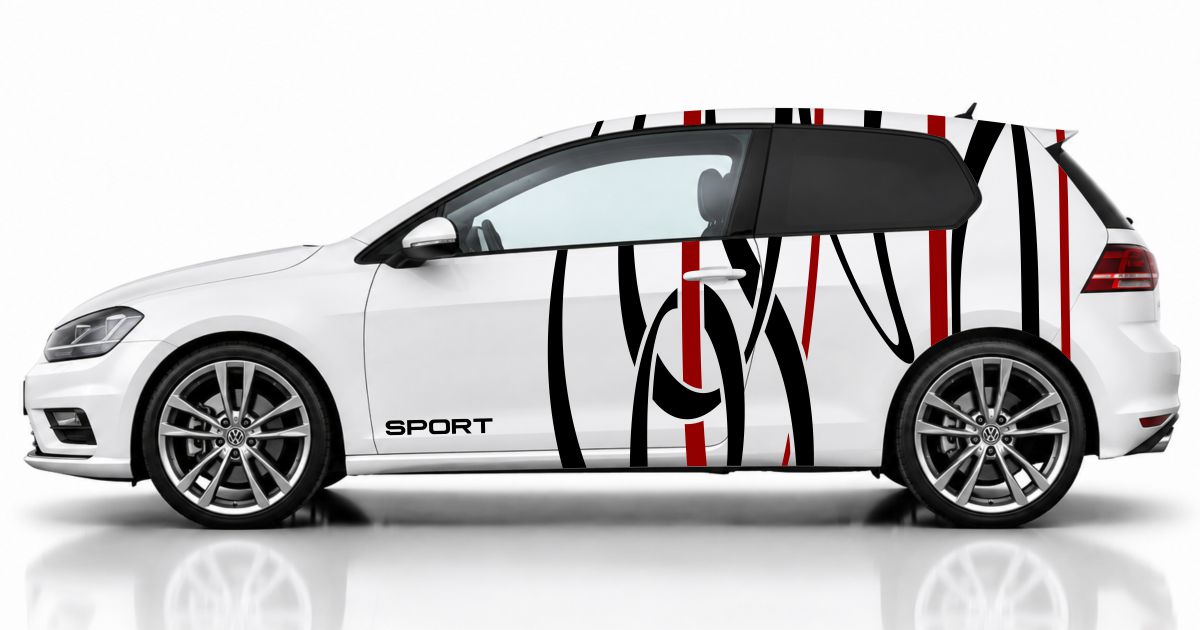 Auto Tuning Aufkleber in Schwarz und Dunkelrot auf einem weißen VW Golf 7