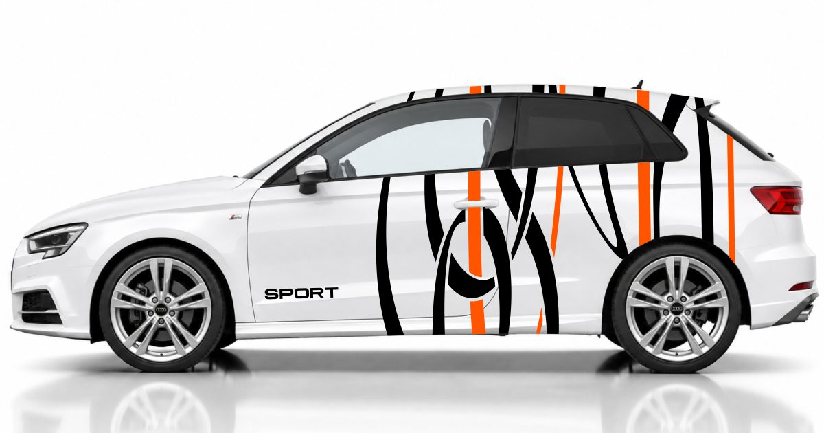 Auto Tuning Aufkleber in Schwarz und Orange auf einem weißen Audi A3 Sportback