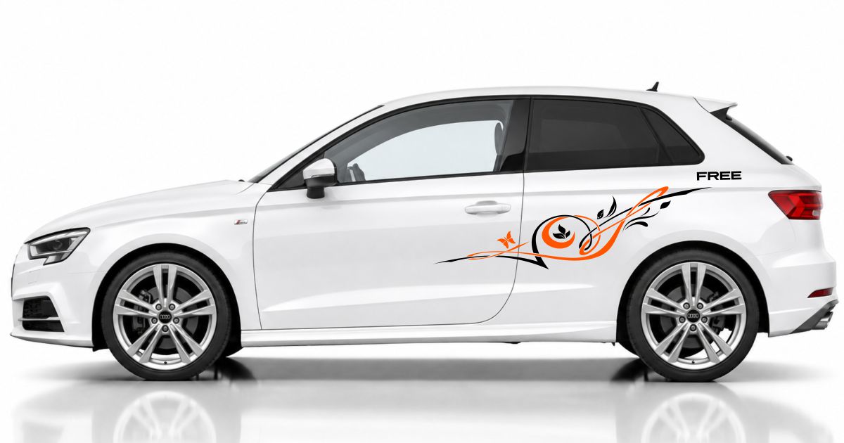 Autoaufkleber Blumen in Schwarz und Orange auf einem weißen Audi A3 Sportback