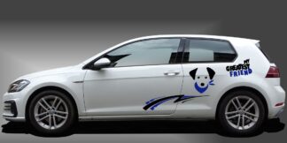 Autoaufkleber Hund als sportlicher und individueller Aufkleber in Schwarz und Blau auf weißem VW Golf 7
