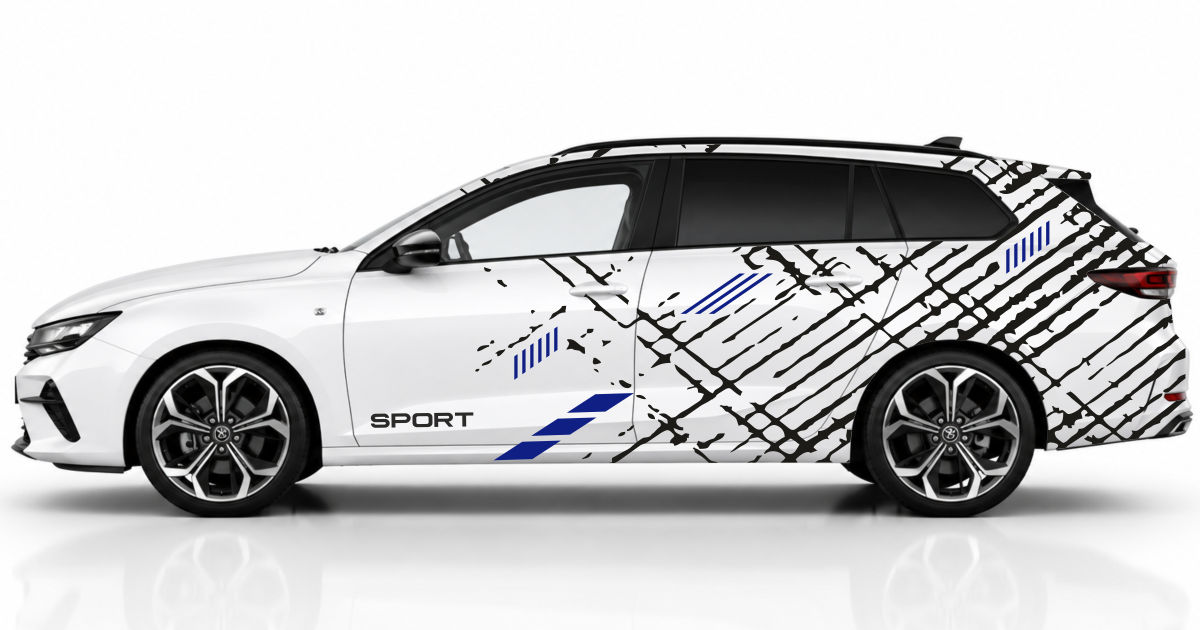 Autoaufkleber Streifen in Schwarz und Blau auf einem weißen Opel Astra SportsTourer