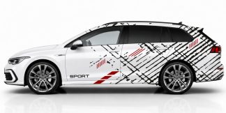 Autoaufkleber Streifen in Schwarz und Dunkelrot auf einem weißen Golf 8 Variant