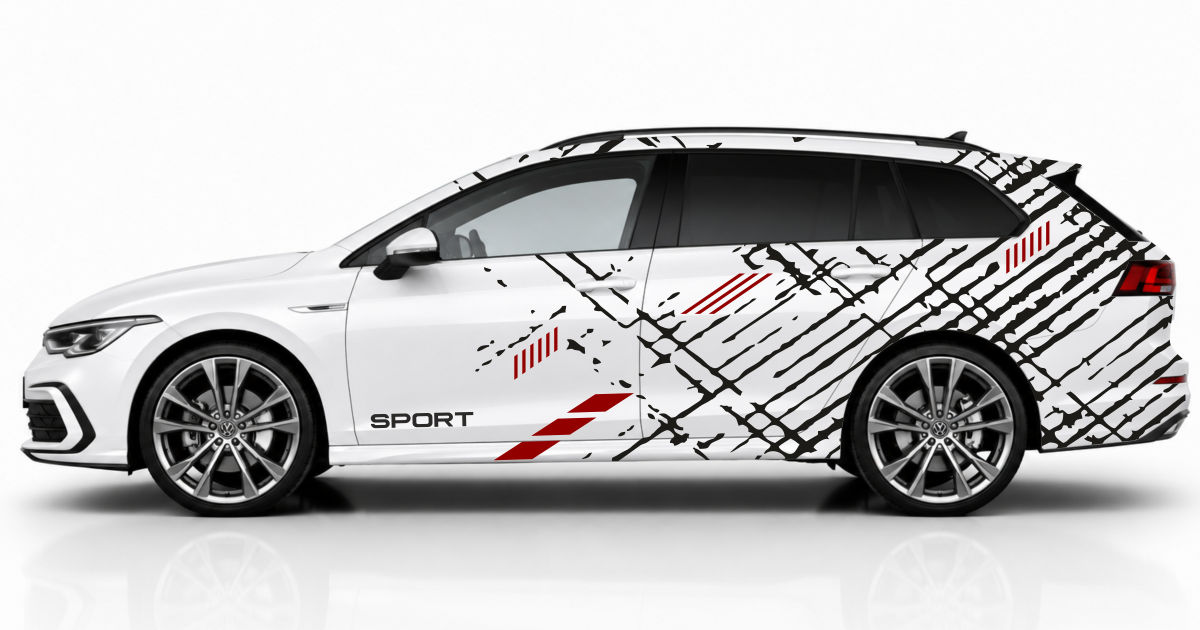 Autoaufkleber Streifen in Schwarz und Dunkelrot auf einem weißen Golf 8 Variant