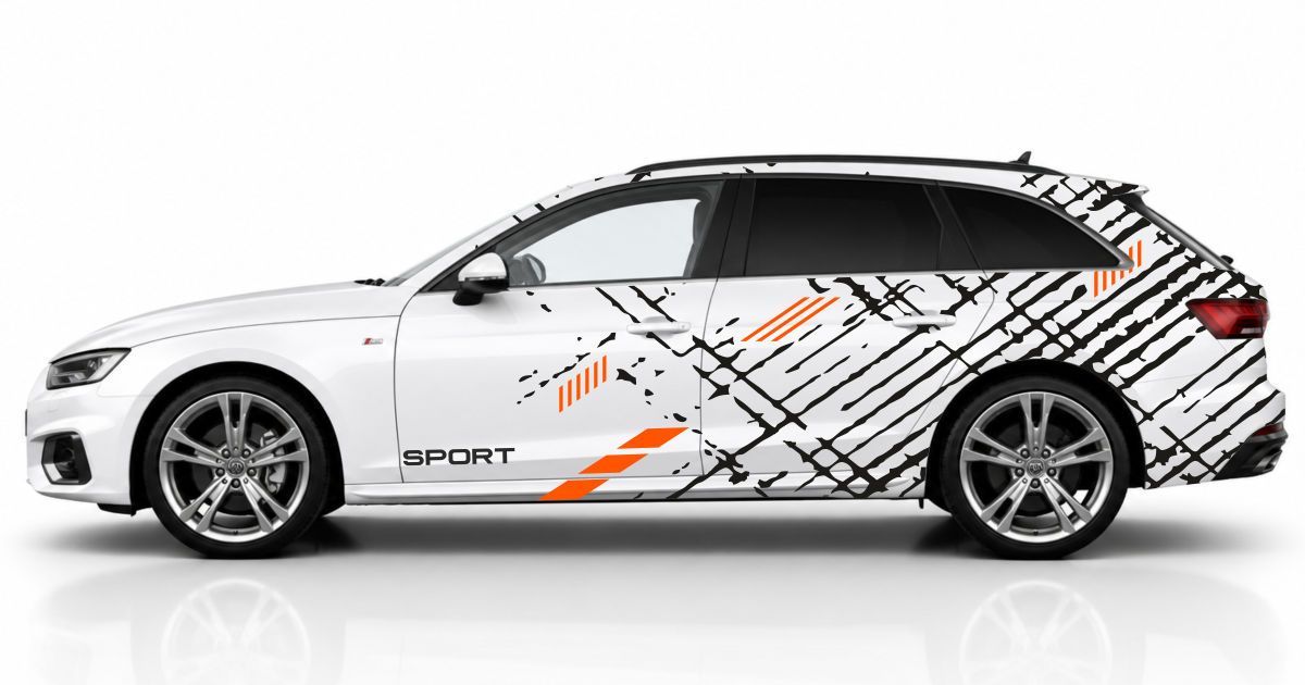 Autoaufkleber Streifen in Schwarz und Orange auf einem weißen Audi A4 Avant