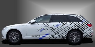 Autoaufkleber Streifen als sportlicher, cooler Rally-Streifen in Schwarz und Blau auf weißem Audi A4 Avant