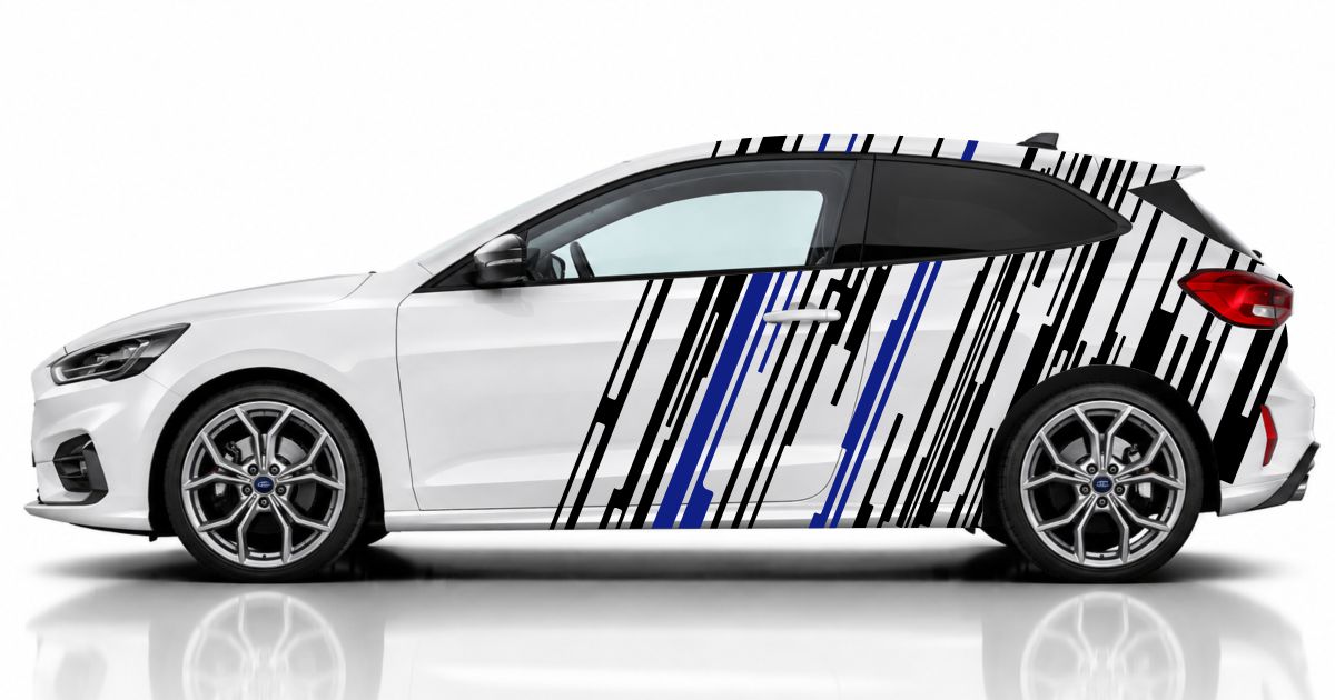 Autoaufkleber Tuning in Schwarz und Blau auf einem weißen Ford Focus